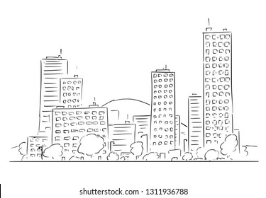 Cartoon vector drawing of cityscape landscape, modern high residential or commercial buildings.