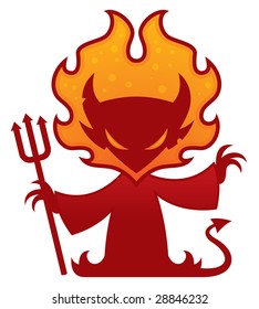 Cartoon vector drawing of a devil with flames around his head holding a pitchfork.