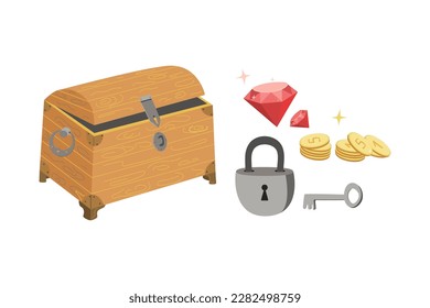 Dibujo vectorial de caricatura en estilo doodle . Monedas de oro, llave, llave. Un viejo cofre pirata de madera vacía o cofre del tesoro. Concepto empresarial de crisis y bancarrota. Ilustración de color.