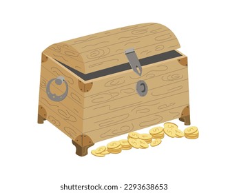 Cartoon vector drawing in doodle style . Gold Coins. An old wooden empty open pirate chest or treasure chest. Business concept of crisis and bankruptcy. Color Illustration on isolated background.