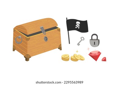 Cartoon vector drawing in doodle style . Gold Coins, Lock, key. Pirate Flag. An old wooden empty open pirate chest or treasure chest.  Color Illustration on isolated background.