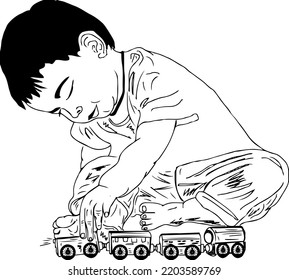 Cartoon Vector Drawing Of Happy Little Boy Playing With A Toy Railway Train, Kids Playing With Toy Train Sketch Drawing Silhouette, Kid Playing With Toy Rail Engine Clipart Mascot