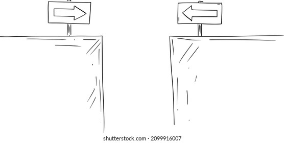 Cartoon vector drawing or illustration of two ways with traffic arrow signs leading to fall to canyon, chasm or abyss. Concept of failure, way to success and obstacle.