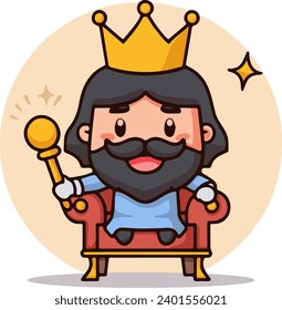 cartoon vector drawing of a king with a crown on his head with a beard and mustache sitting on a throne holding a scepter