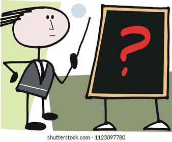 Cartoon vector drawing of man pointing to blackboard with red question mark drawn on it. 
