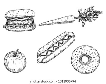Cartoon vector drawing of set of food, healthy vegetable and fruit and unhealthy delicious deserts. Apple,carrot, burger, donut, hot dog, doughnut, hamburger.