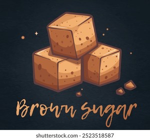 Cartoon vector drawing of stack of brown sugar cubes on dark background. Cubes with fine texture, vintage, hand-drawn look. Versatile icon for use in food blogs, recipe websites, social media posts