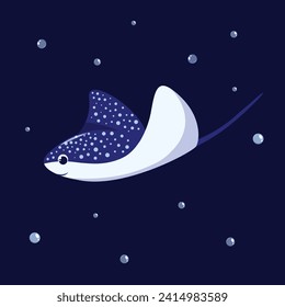 Cartoon vector drawing of a cartoon stingray on a dark background. Funny water creatures svg