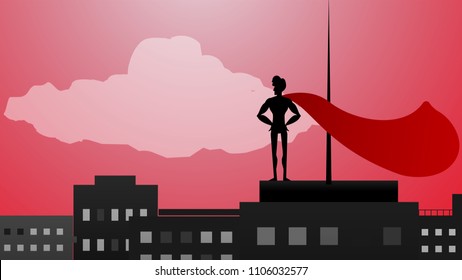 Cartoon, vector drawing of Super Hero watching the city from top of the skyscraper in the sunset illustration