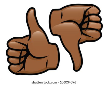 A cartoon vector drawing of a thumbs up and a thumbs down. Eps 10 Vector.