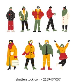 cartoon vector drawing of various styles of people in thick winter jackets