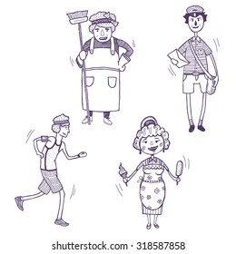 Cartoon vector drawings set of different professions: the cleaning lady, postman, street runner, ice cream seller