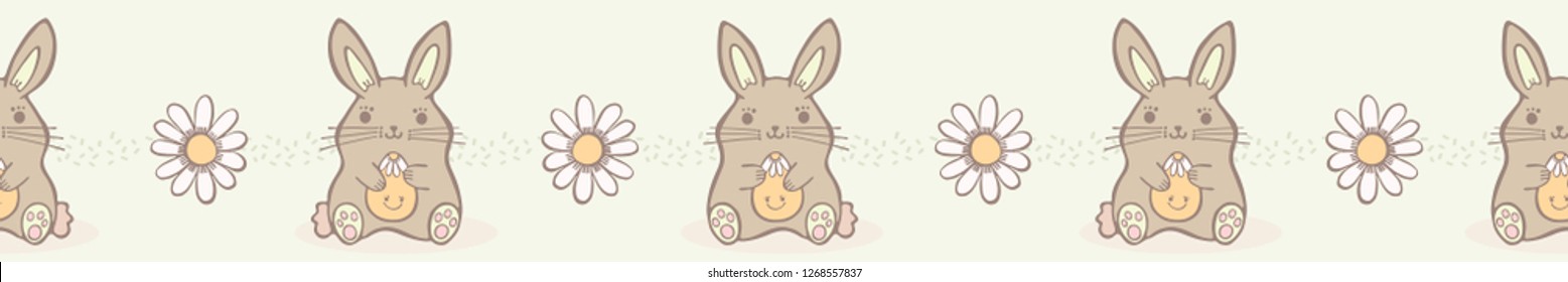 Cartoon vector Easter bunnies. Seamless repeat border banner. Cute happy rabbits ribbon with daisy flower egg in pastel flat color. Hand drawn animal spring and christian holiday celebration for kids.