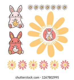 Cartoon vector Easter bunny daisies elements set. Cute happy rabbits illustration with daisy flower in pastel flat color. Hand drawn animal floral spring and christian holiday celebration for kids.