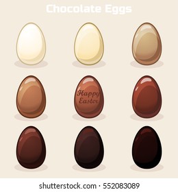 Cartoon Vector Easter Chocolate Eggs, White, milk and dark chocolate