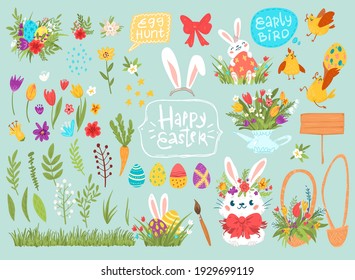 Cartoon vector easter set with fllowers, characters and other attributes