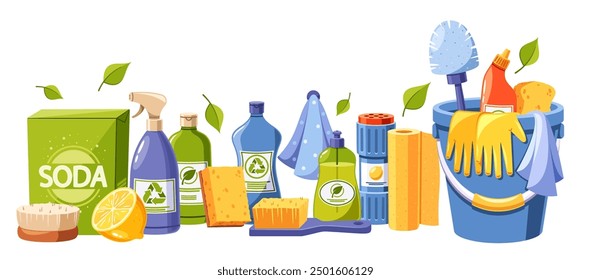 Vector De Dibujos Animados Productos Y Suministros De Limpieza Verde Ecológicos, Incluyendo Botellas Con Símbolos De Reciclaje, Esponjas