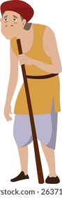 Cartoon Vector of Elderly Indian Village Man with Turban and Walking Stick | Bent Old Desi Character for Animation, Folklore Videos, 2D Rigging, Storytelling, and Cultural Explainer Scenes

