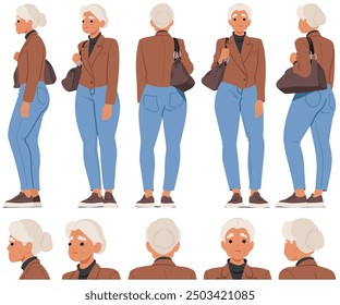 Vector De Dibujos Animados Mujer Mayor En Múltiples Vistas De Perfil, Mostrando Diferentes Perspectivas. El Personaje Femenino Senior, Vestido Casualmente Con Un Bolso, Representa El Estilo De Vida Y La Moda De Las Personas Envejecidas