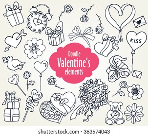 Cartoon vector elements for Valentin's Day. Presents, hearts, ribbons, flowers and other romantic objects