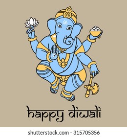 Cartoon vector elephant head God Ganesha. Invitation cards Dawali Holiday or Ganesh Chaturthi. 