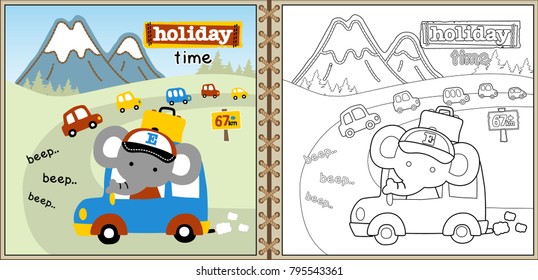 Cartoon vector of elephant on car, vehicles on mountain background, coloring page or book
