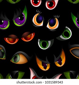 Cartoon vector eyes beast devil monster animals eyeballs of angry or scary expressions evil eyebrow and eyelashes on face scared snake or dracula vampire animal eyesight seamless pattern background