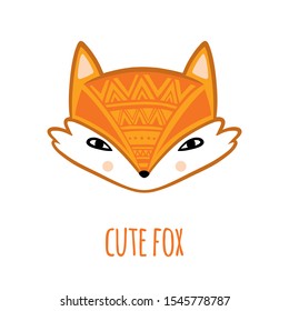 Cartoon Vector Face of Cute Fox on White Background. Funny Illustration for Kids.