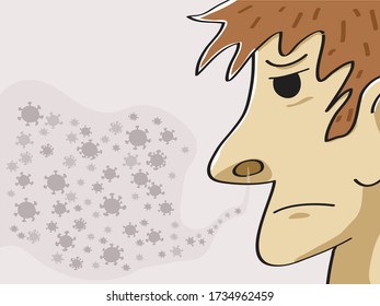 cartoon vector face of man and dust. Free hand drawning style.
