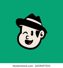 Cartoon face vetorial de um homem com uma expressão surpresa ou chocada, usando um chapéu fedora. Negrito, arte de linha limpa, perfeito para mascotes, ícones ou identidade de marca retrô