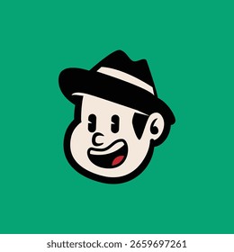 Cartoon vector face of a man with a surprised or shocked expression, wearing a fedora hat. Bold, clean line art, perfect for mascots, icons, or retro brand identity