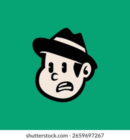 Cara de Vector de dibujos animados de un hombre con una expresión sorprendida o sorprendida, con un sombrero de sombrero de sombrero. Arte de línea audaz y limpio, perfecto para mascotas, iconos o identidad de marca retro
