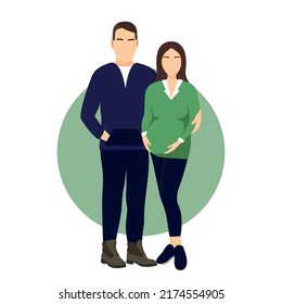 Cartoon vector faceless couple. Happy man embracing pregnant woman expecting a baby holding her hands on belly