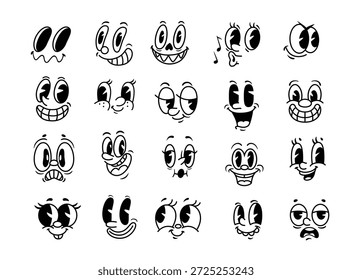 Cartoon faces vetoriais. Feliz, sonolento e sedutor a confuso, assobiando e assustado, alegria, riso, choque ou sarcasmo, romântico e pateta. Cartoon expressivo face emoji pack, adesivos de personagens
