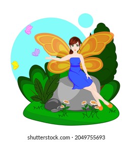 Cartoon vector fairy girl sits stone