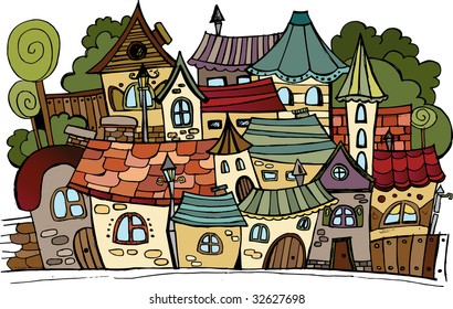 Cartoon vector fairy tale drawing town.