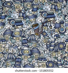 Cartoon vector fairy tale winter drawing houses seamless pattern