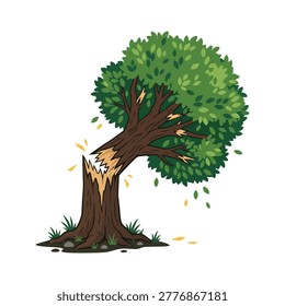 Cartoon Vector of a Falling Tree Snapped by Storm or Wind