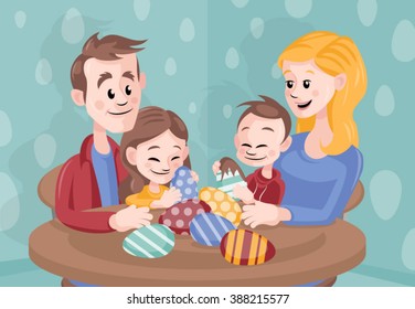 Cartoon vector family celebrating Easter at home