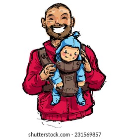 Cartoon vector family illustration with dad walking with his baby son in a baby pouch having some quality time