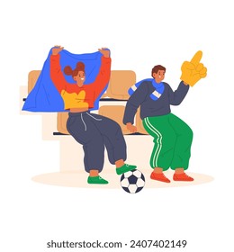 Cartoon vector fans on soccer stadium. Man and woman cheering for football team with scarf and flag, glove. Fan watch team or club game together. Cartoon company celebrating goal. Sport game leisure