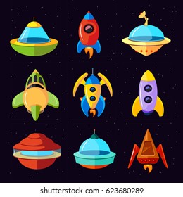 Cartoon vector fantastic ufo, spaceships and rockets vector. Set of spaceship and rocket, illustration of ufo spaceship in space