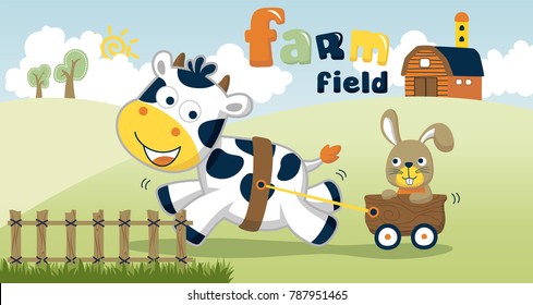 Cartoon vector of farm animals in farm field, farm elements illustration, cow pulling bunny with cart