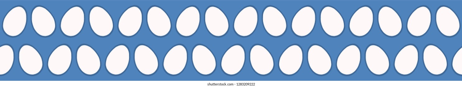 Cartoon vector farm eggs on blue background. Seamless repeat border. Chicken or duck egg shape in flat color. Hand drawn spring or christian easter holiday banner ribbon or washi tape.
