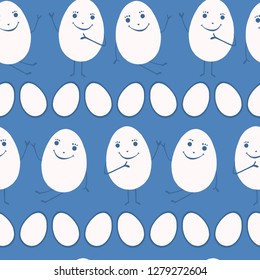 Cartoon vector farm eggs with smiling face with arms legs on blue background. Seamless repeat pattern. Chicken or duck egg shape in flat color. Hand drawn spring christian easter holiday background.