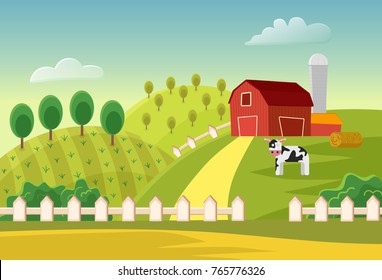 Cartoon vector farm landscape field with farmers buildings and cow. Farm flat landscape.