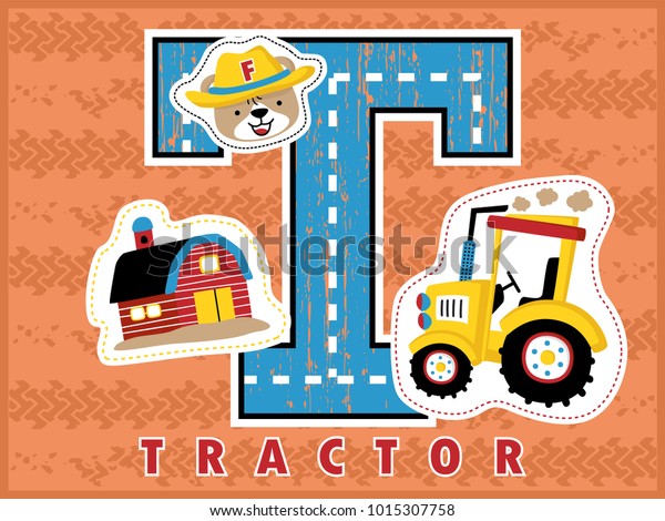 cartoon vector of farming equipment,\
tractor, funny farmer, barn on tractor trail background\
