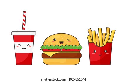 Cartoon vector fast food kawaii, funny cheeseburger, cola and french fries, cute character, happy caricature isolated on white background. American breakfast menu. Delicious illustration