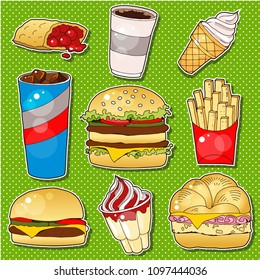 cartoon vector fast food, which includes a hamburger, cheeseburger, burger, coca cola, French fries, ice cream, cherry pie, coffee