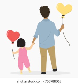 cartoon vector of a father and daughter holding hands, walking together and holding a heart shaped balloon